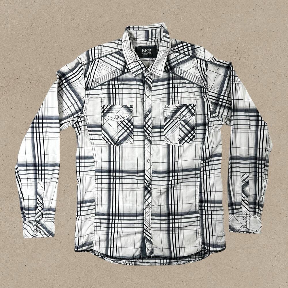 BKE Men’s Pearl Snap Western Shirt Size Large Athletic Fit - Black White Plaid L